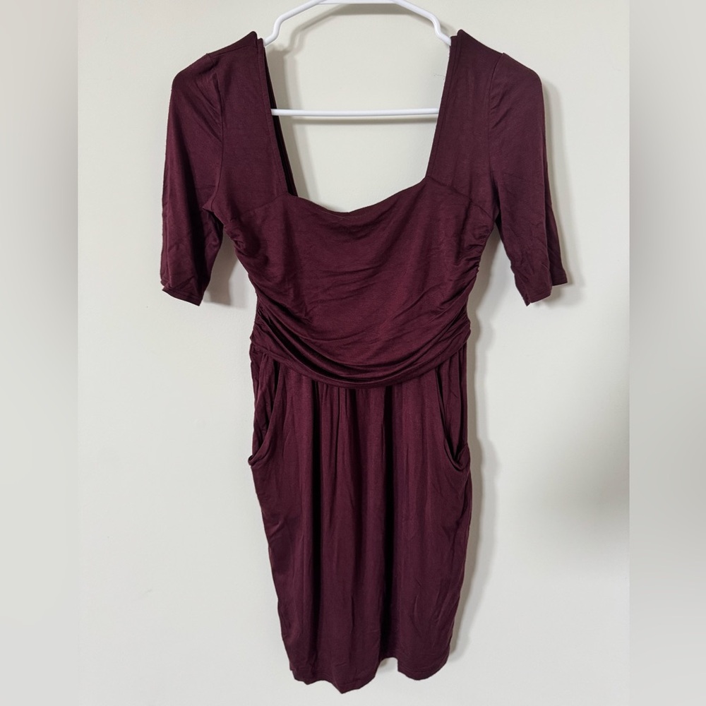Solemio Burgundy Ruched Midi Dress Small Pockets Back Zipper